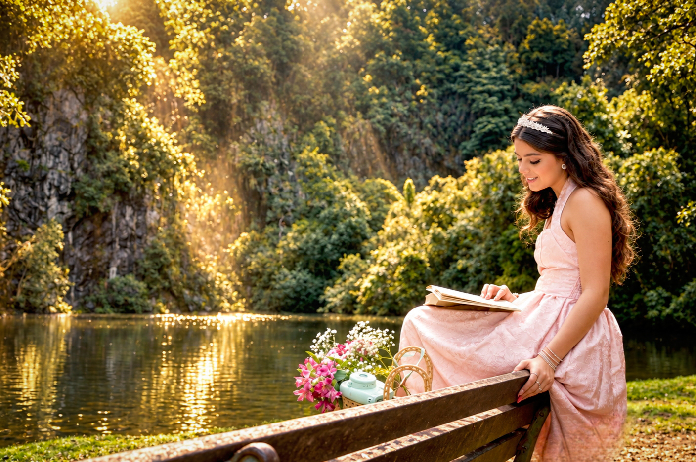 Isa lendo um livro em um banco à beira do lago, em meio à natureza