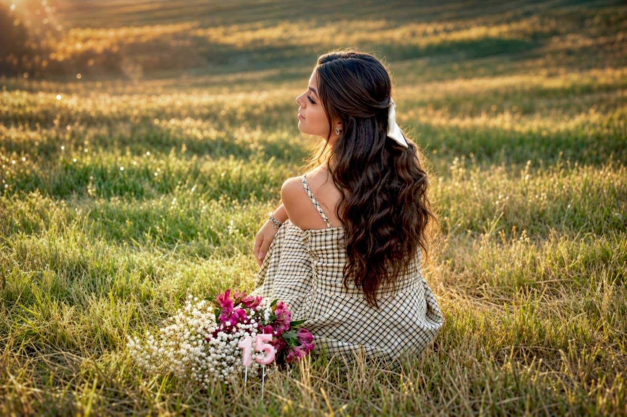 Isa em um campo ao pôr do sol